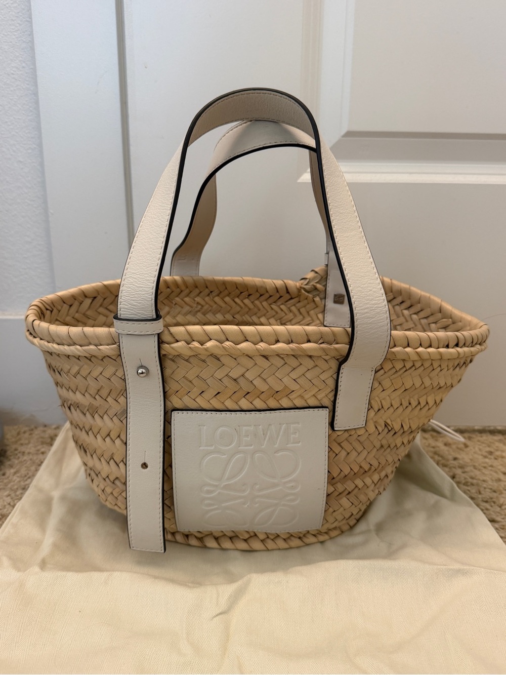 LOEWE Small Basket Bag in Palm Leaf & Calfskin - Natural/White